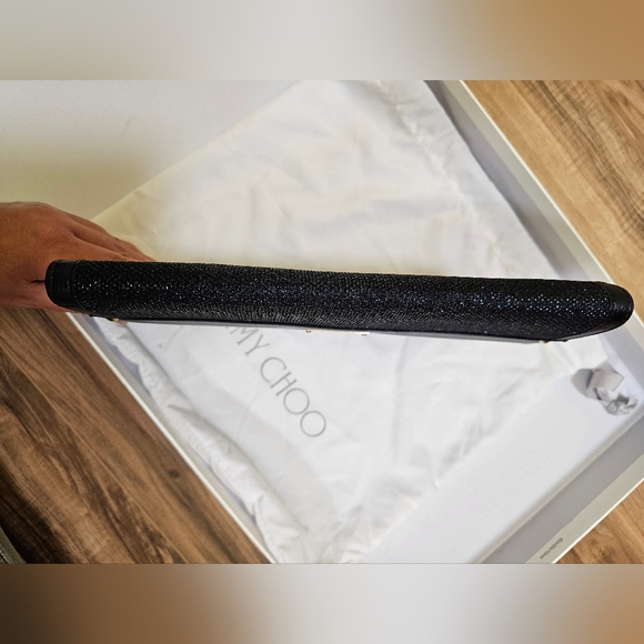 Authentic JIMMY CHOO Glitter Leather Trimmed Reese Clutch, large, color ink - Picture 7 of 16